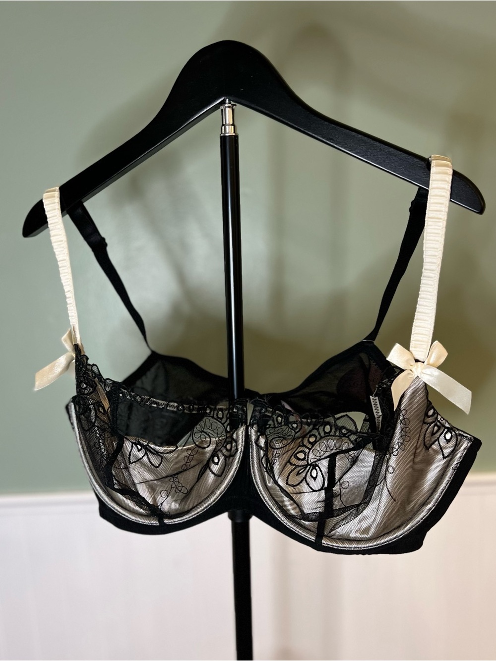 NWT-Cacique Sheer Black Balconette Bra with Cream Satin Accents. 42D